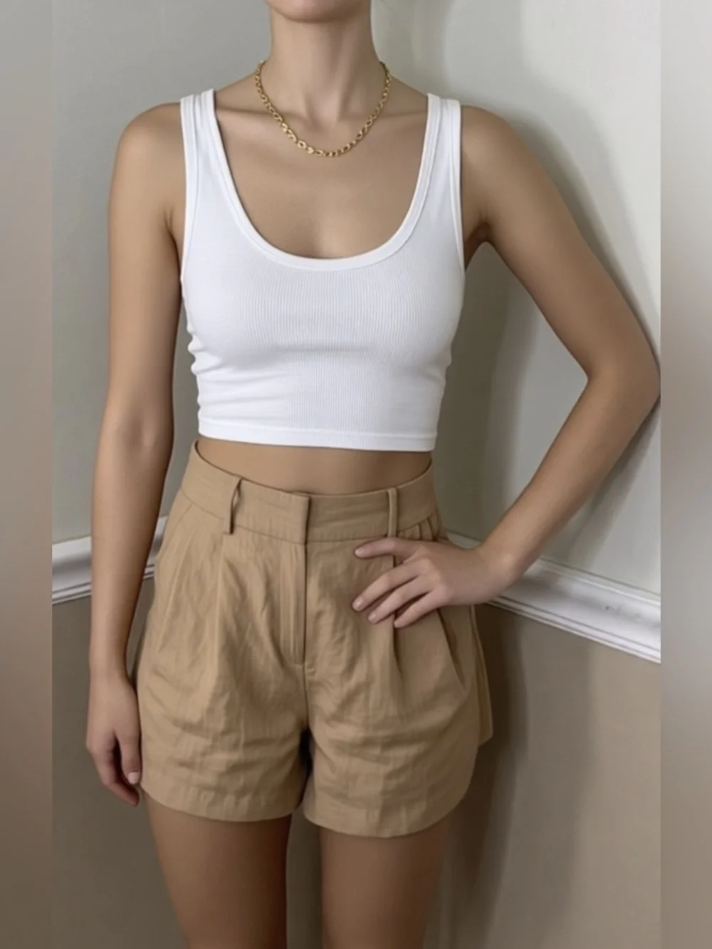 Zara Tan Pleated High-Waist Bermuda Shorts
